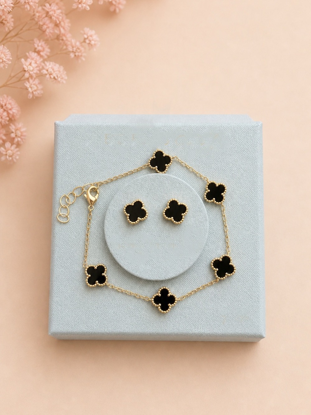 Gold and Black Clover Link Bracelet earrings set